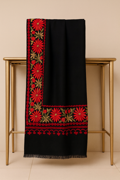 Luxury Black Pashmina Shawl with Red Aari Embroidered Floral Border