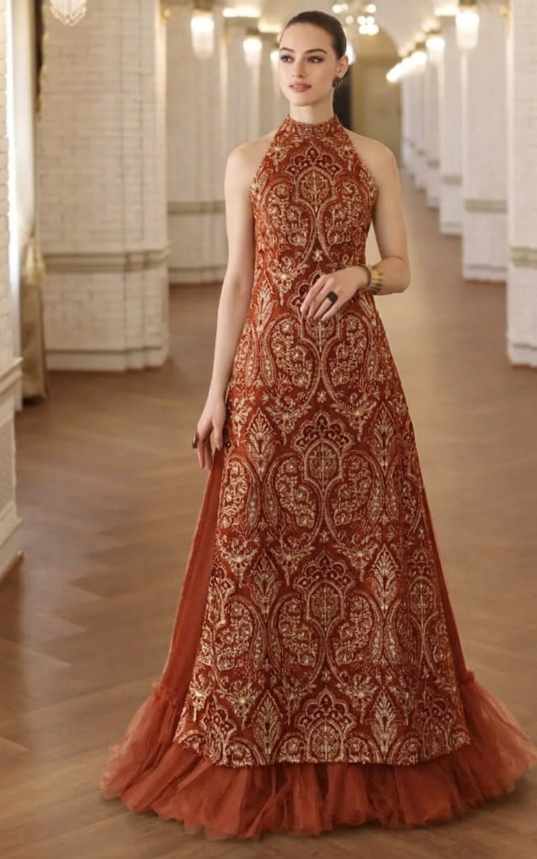 Rust Laser-Cut Applique Net Unstitched Suit