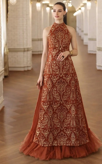 Rust Laser-Cut Applique Net Unstitched Suit