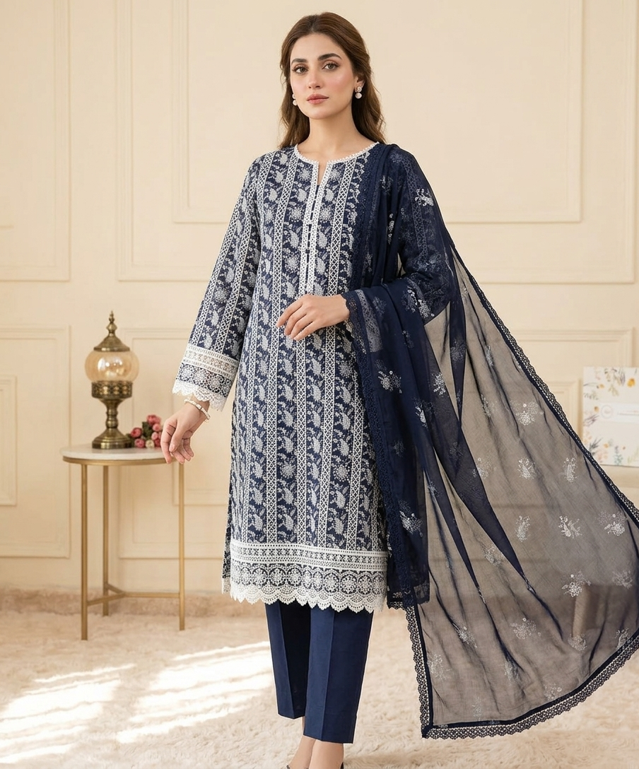 Midnight Navy Embroidered Bareeze Lawn
