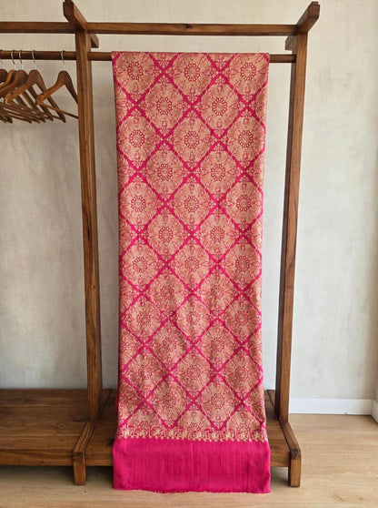 Pink Gold Diamond Jaal Pashmina Shawl - Luxury Embroidered Winter Shawl