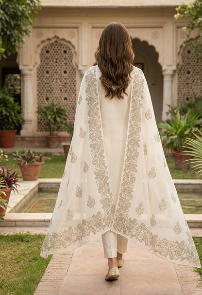 Ethereal Ivory Georgette Dupatta with Intricate Golden Floral Block Print