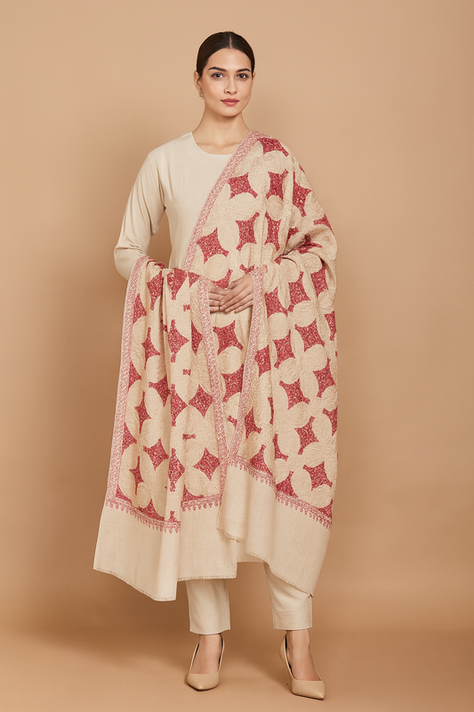 Luxury Pashmina Aari Embroidery Shawl Ivory & Crimson