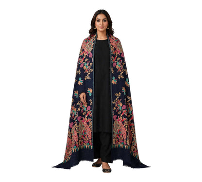Midnight Peacock Navy Blue Fully Embroidered Pashmina Shawl