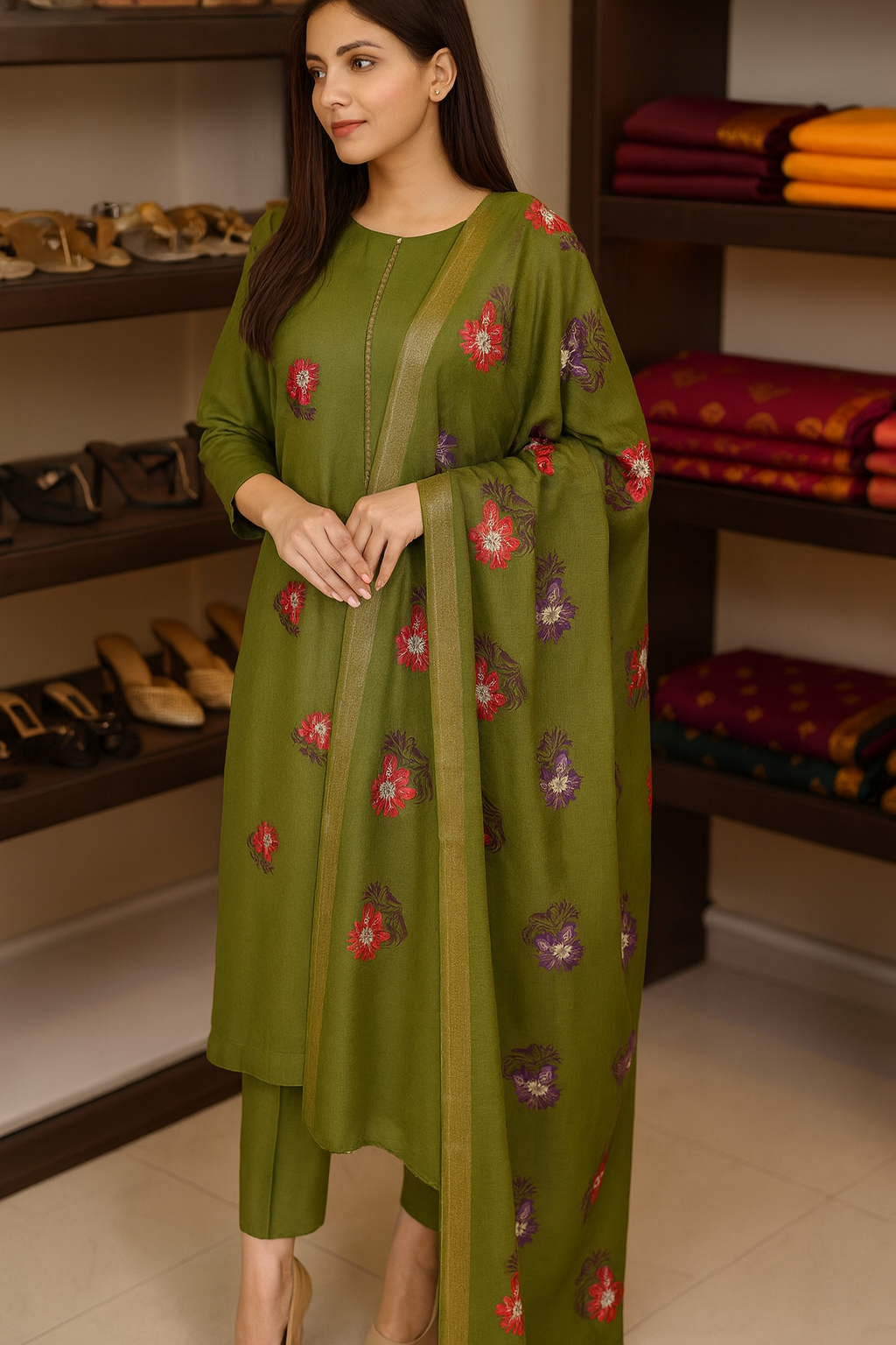 Embroidered Pashmina Shawl  Olive Green Elegance