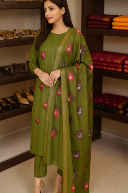 Embroidered Pashmina Shawl  Olive Green Elegance