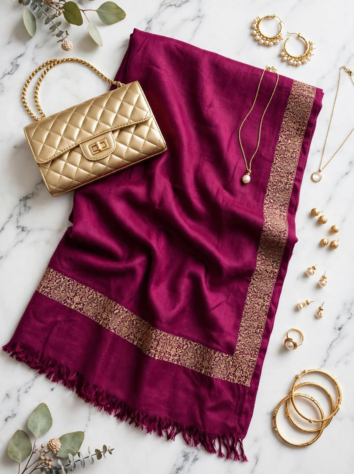 Plum Pashmina Shawl - Gold Embroidered Border - Formal Wrap