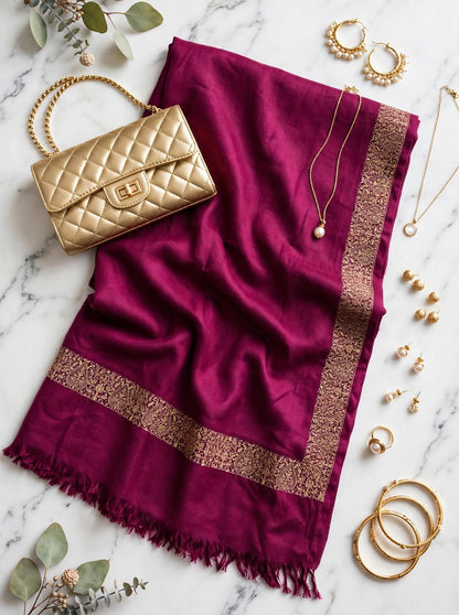 Plum Pashmina Shawl - Gold Embroidered Border - Formal Wrap