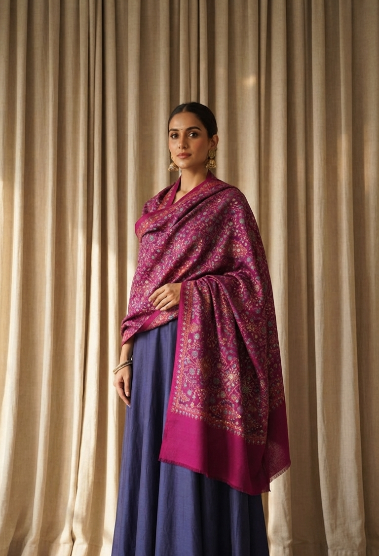 Handcrafted Magenta Pure Pashmina Shawl with Intricate Sui Embroidery