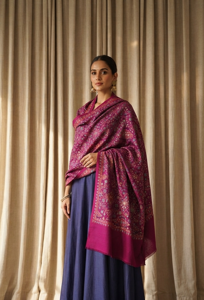 Handcrafted Magenta Pure Pashmina Shawl with Intricate Sui Embroidery