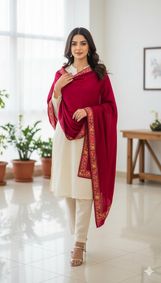 Ruby Red Pashmina Shawl with Embroidered Border
