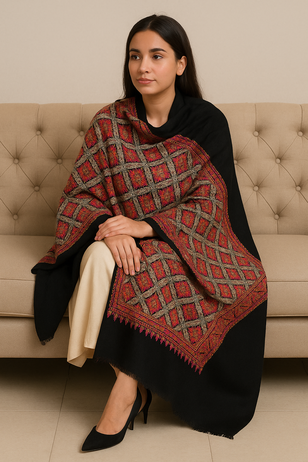Luxury Hand-Embroidered Pashmina Shawl Timeless Elegance