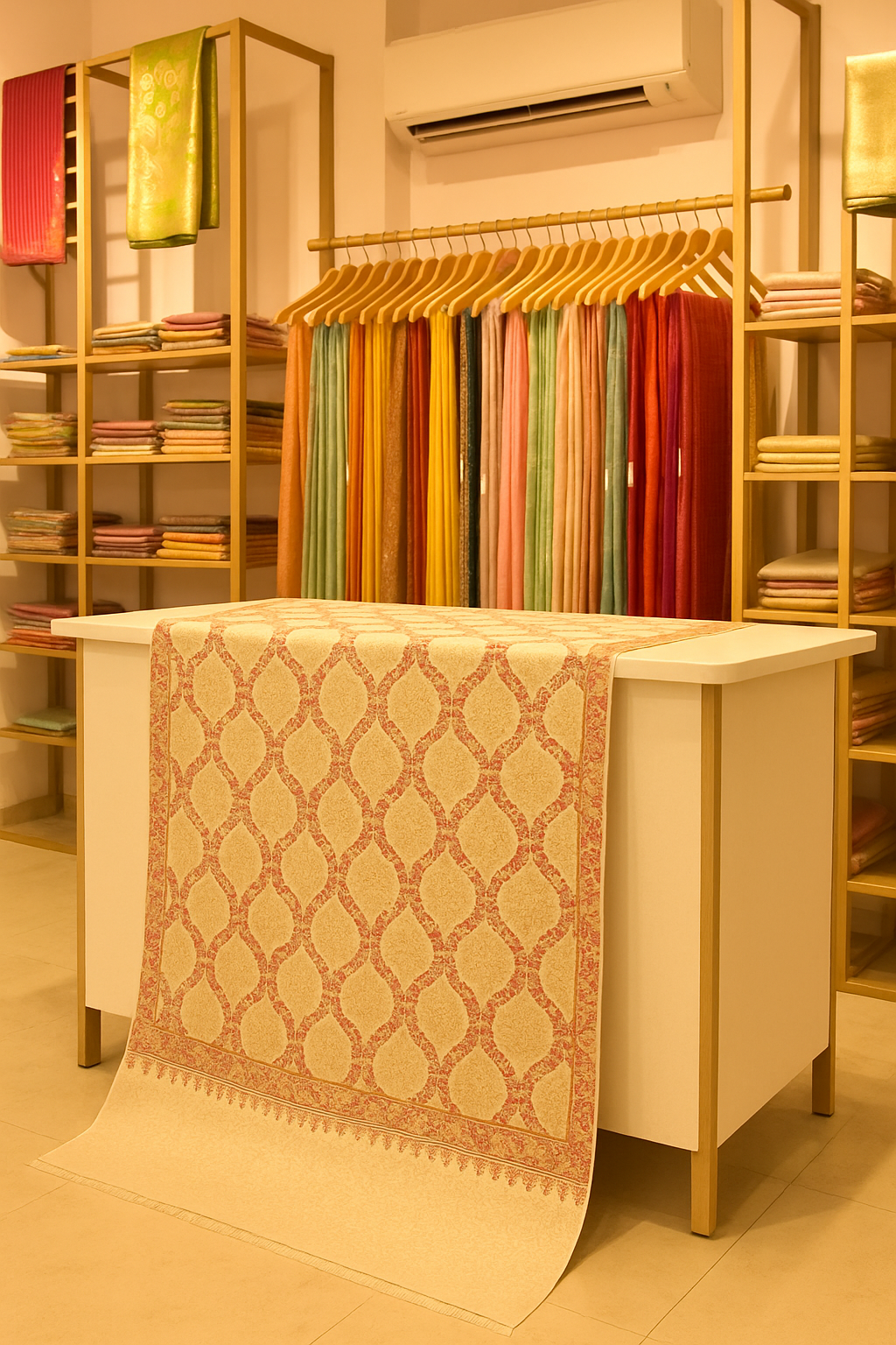 Luxury Pashmina Aari Embroidered Shawl Ivory Beige & Rose Gold Motif