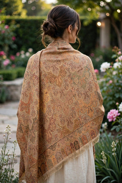 Reversible Kani Silk Zari Shawl - Beige Gold Paisley Pashmina Wrap