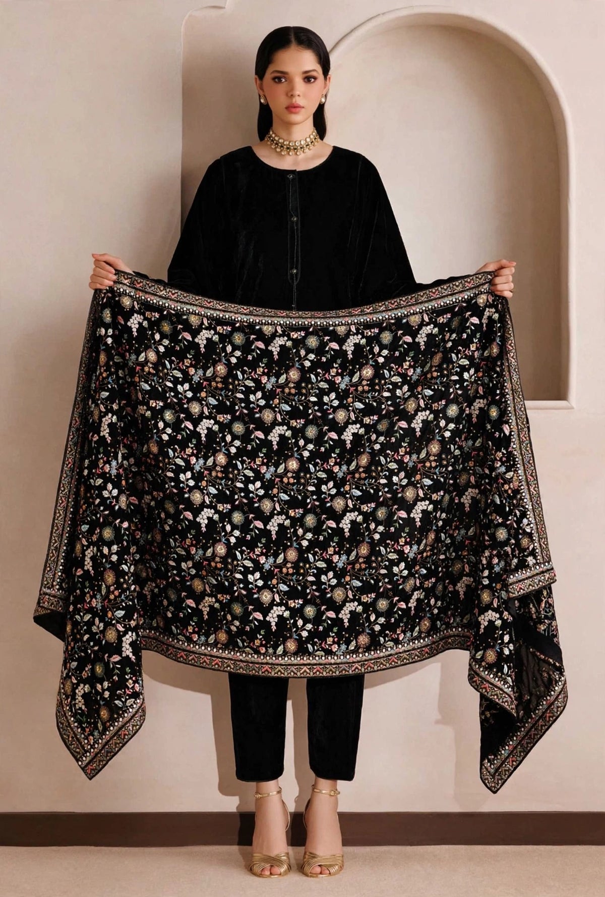 Raah-e-Shab Black Heavily Embroidered Velvet Shawl
