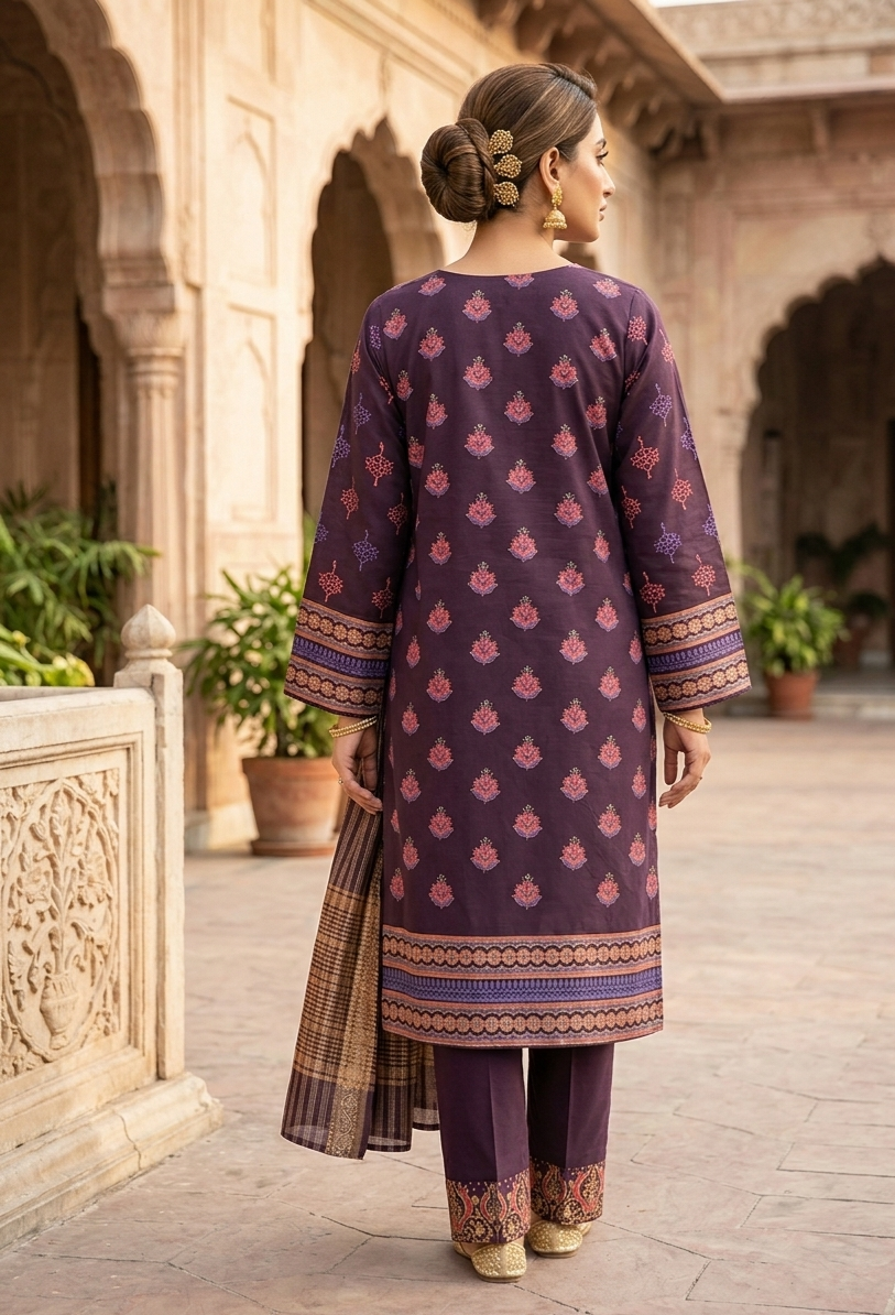 Royal Mauve Hand-Block Printed Lawn Ensemble