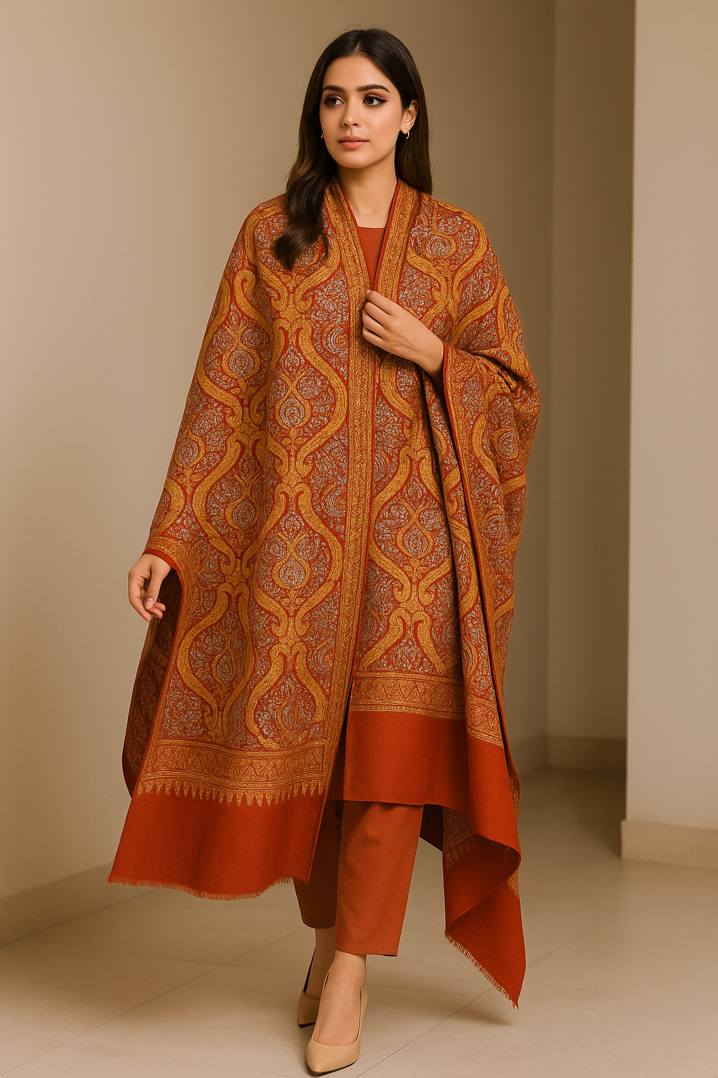 Carrot Aari Embroidered Pashmina Shawl
