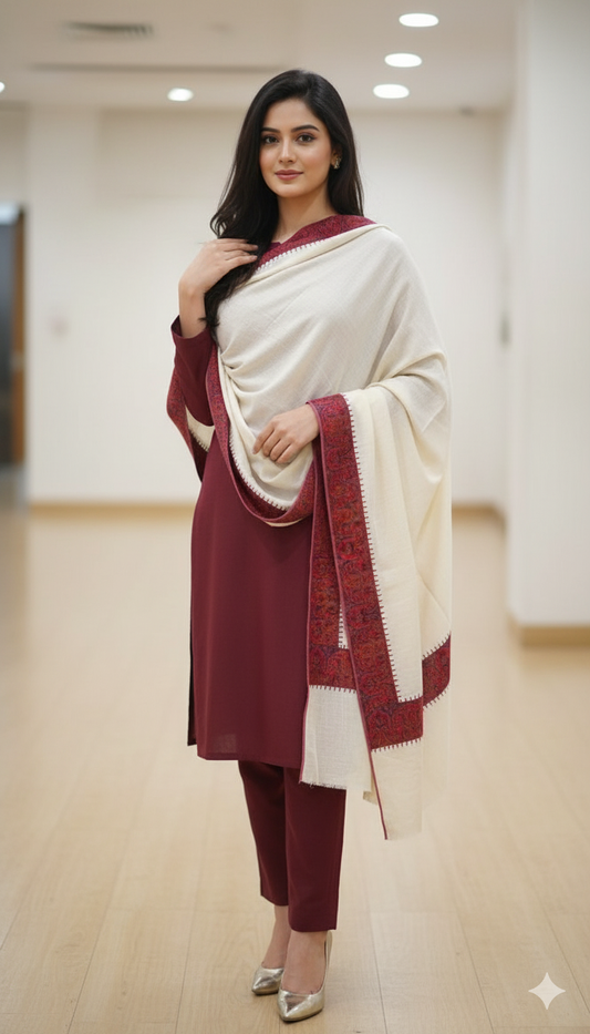 Elegant Pashmina Shawl with Classic Red Paisley Border