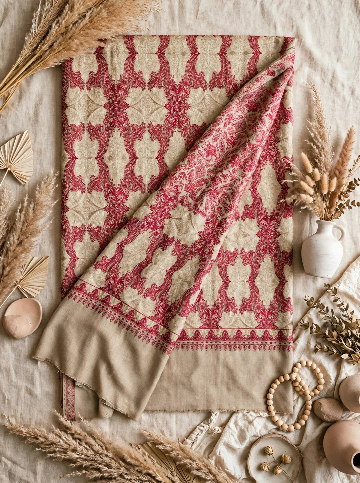 Beige Kashmiri Pashmina Shawl with Raspberry Pink Aari Embroidery