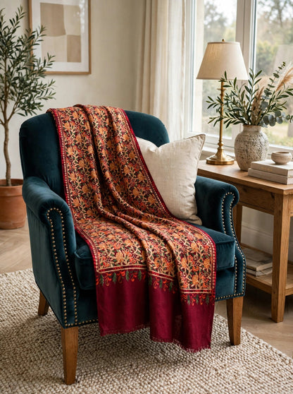 Embroidered Burgundy Pashmina Shawl - Heirloom Kashmiri Aari Work