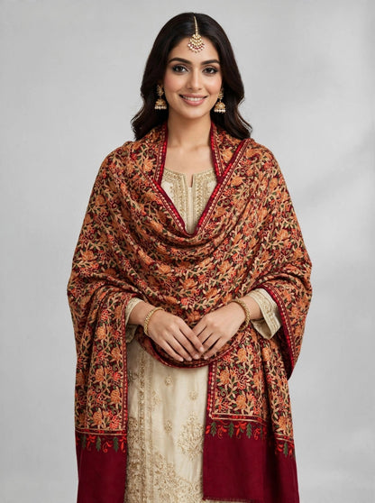 Embroidered Burgundy Pashmina Shawl - Heirloom Kashmiri Aari Work