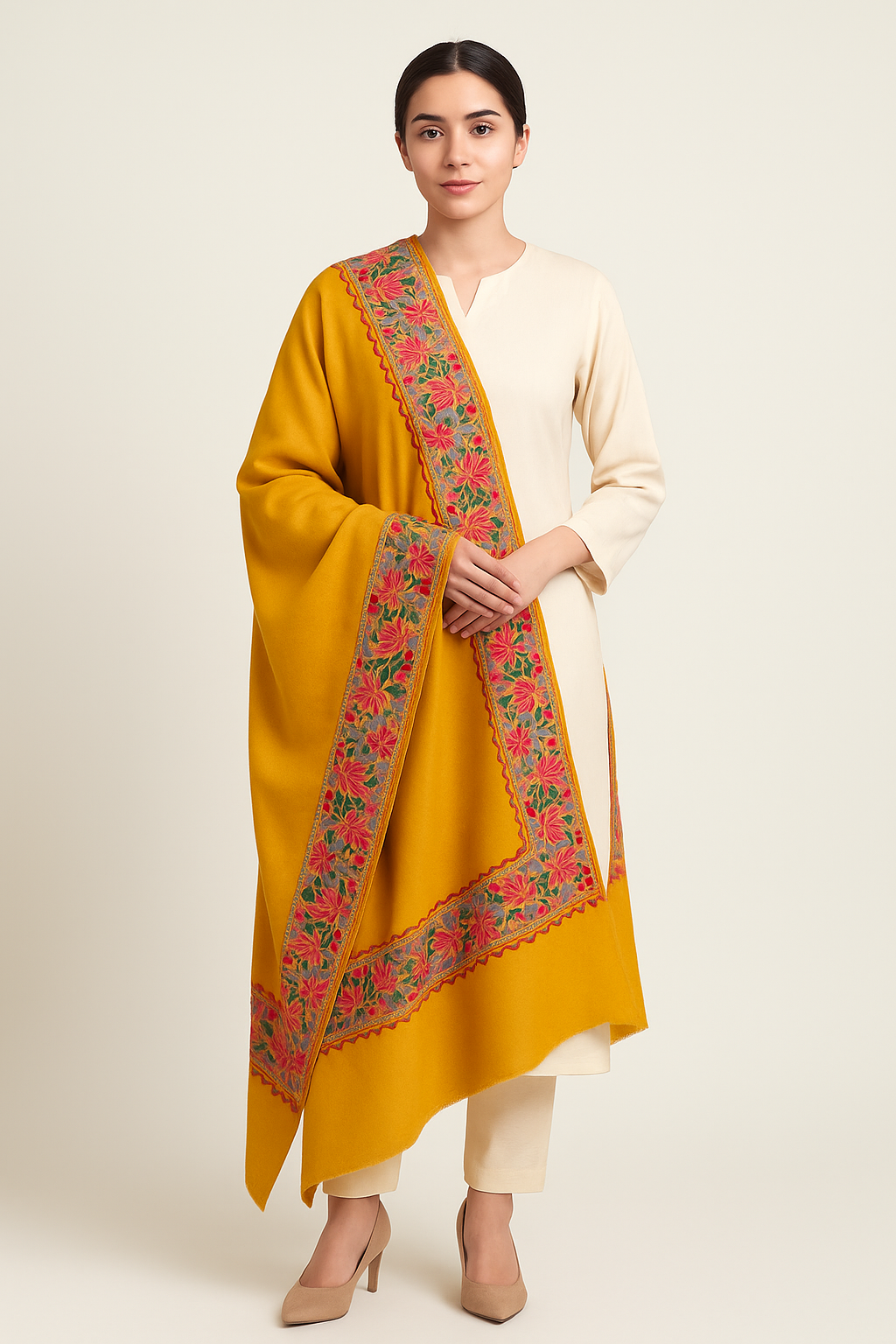 Mustard Pashmina Shawl with 4-Side Aari Embroidery