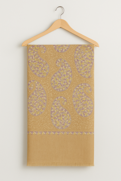 Golden Beige Pashmina Shawl with Pastel Paisley Embroidery