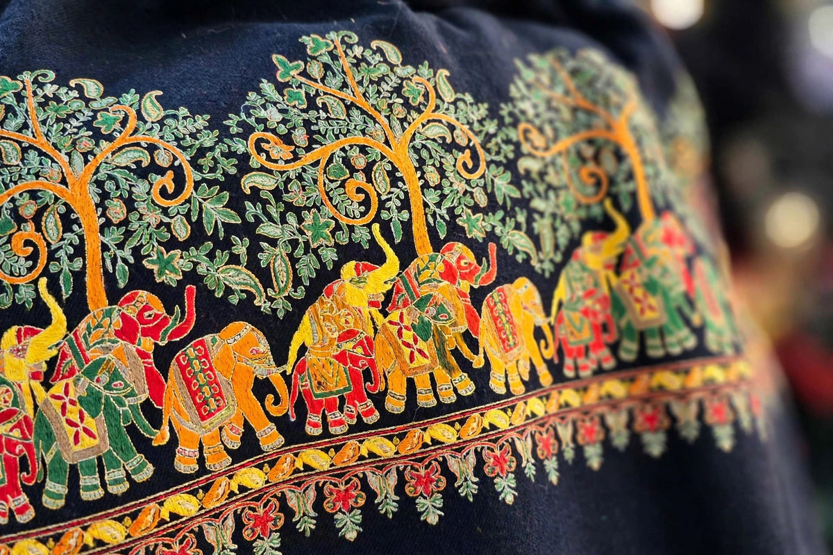 Noir Mughal Baagh Pashmina Shawl - Navy Blue Elephant Embroidered Border Shawl