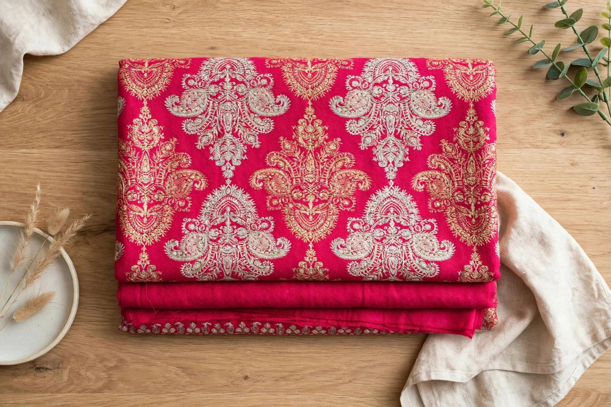 Magenta Pink with Gold & Silver Damask