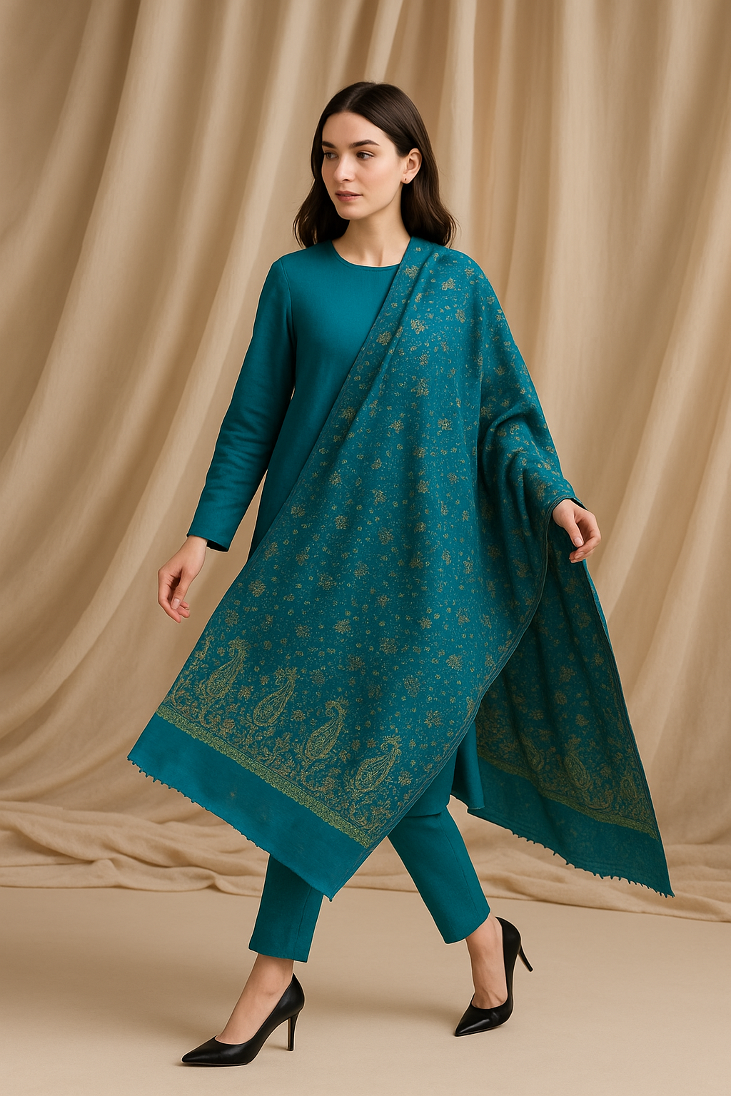 Elegant Needle Embroidery Pashmina Shawl Teal Gold Paisley