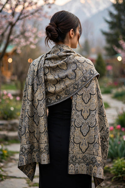 Luxury Black Gold Kani Silk Pashmina Shawl with Zari | Handmade Kashmiri Jama Shawl