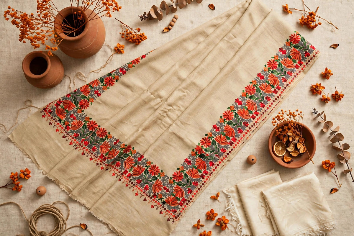 Beige Bloom - Pure Pashmina Aari Embroidered Shawl | Handmade Kashmiri Floral Border