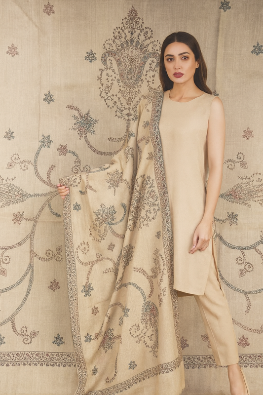 Kashmiri Hand-Embroidered Pashmina Shawl Beige with Paisley Motifs