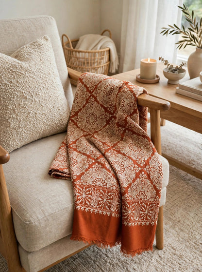 Rust Orange Nalki Embroidered Pashmina Shawl