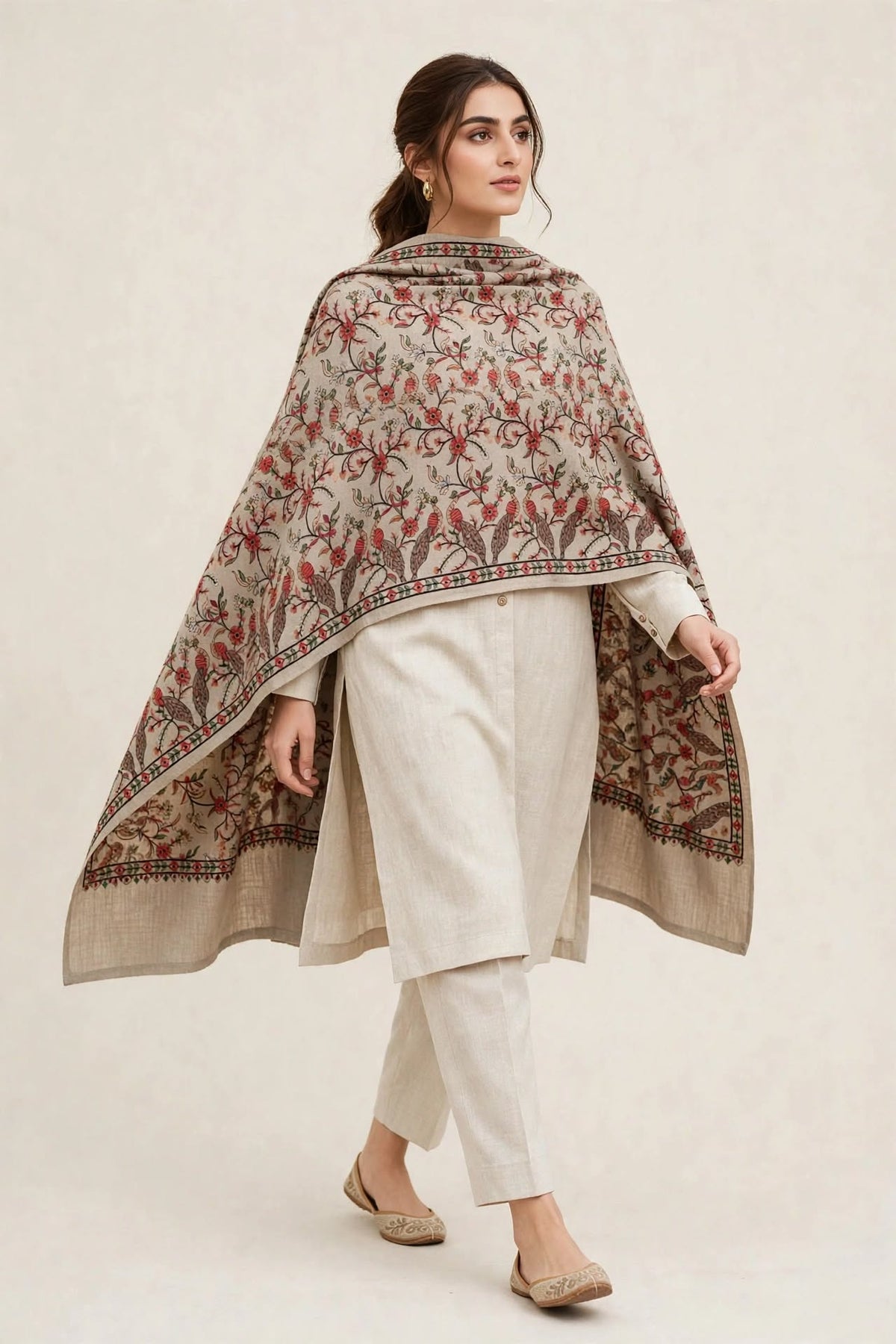 Beige Pashmina Papier Mâché Embroidered Shawl