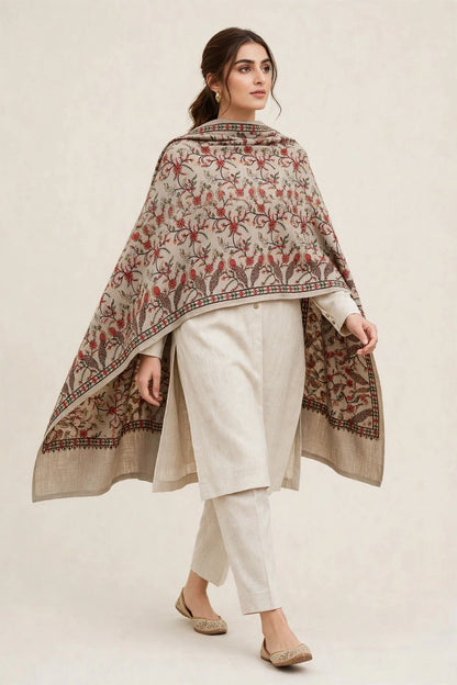 Beige Pashmina Papier Mâché Embroidered Shawl