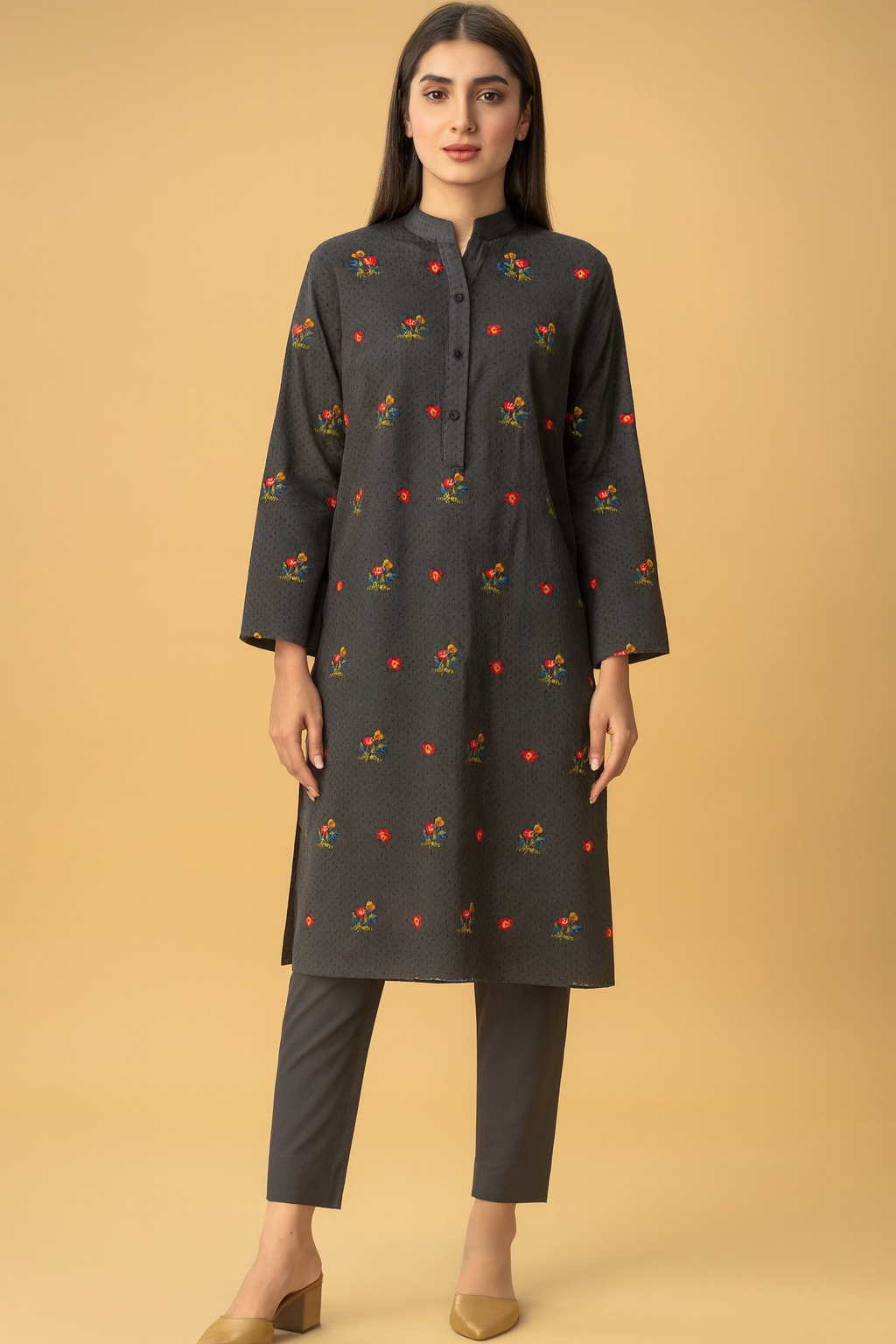 Chikankari Embroidered Lawn Unstitched Shirt Dark Grey Floral Motif