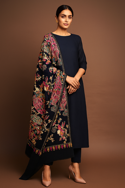 Luxury Peacock Embroidery Pashmina Shawl Midnight Black