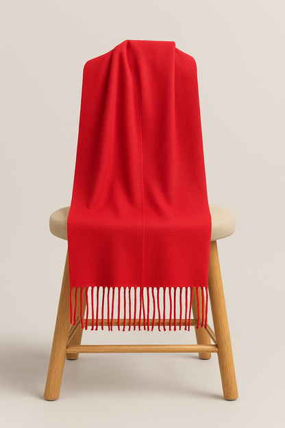 Vibrant Red Winter Stoler  Soft Wool Blend with Tassel Fringe
