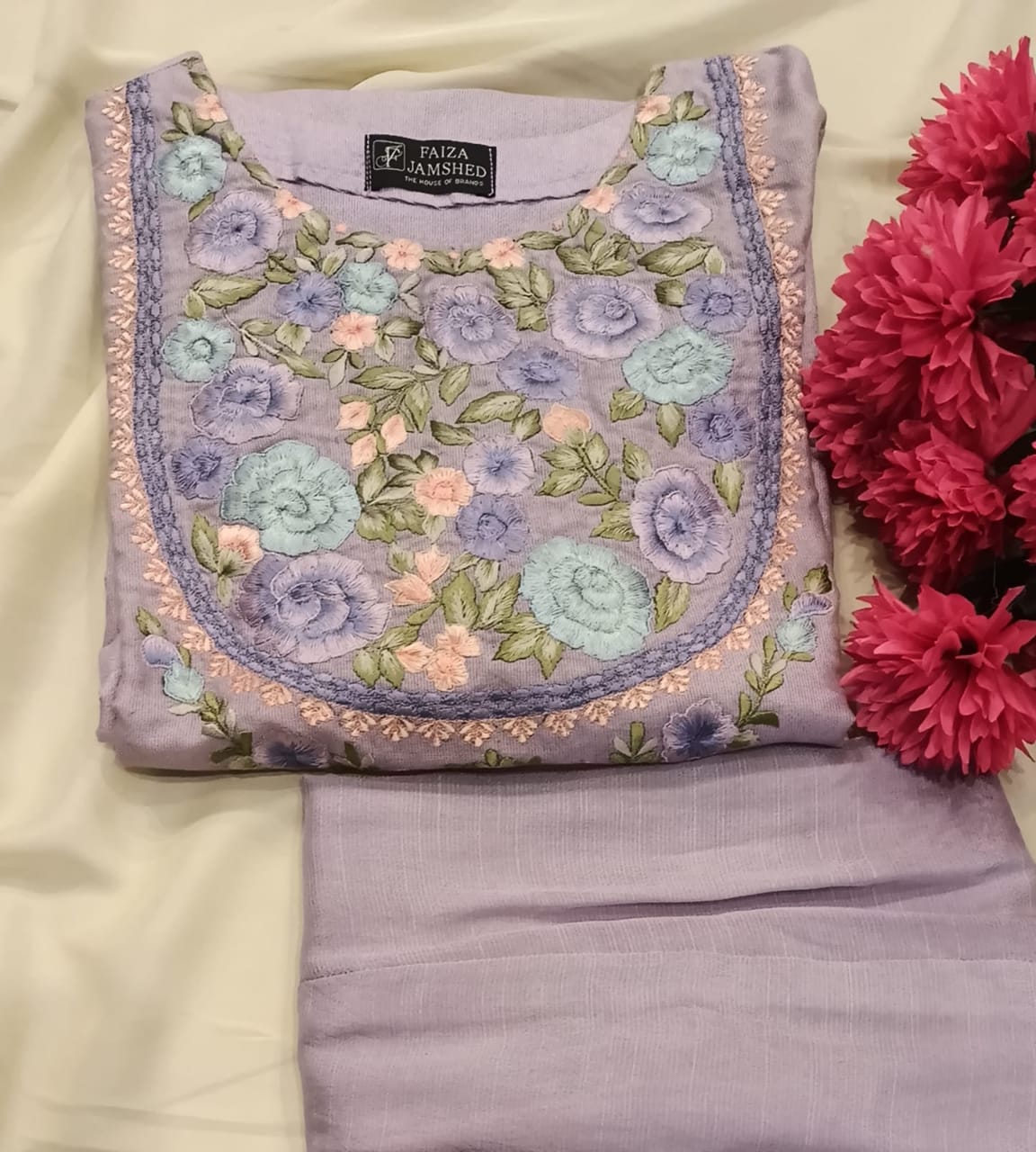 Embroidered Cotton Salwar Kameez Set | Machine Embroidery Neckline & Sleeves