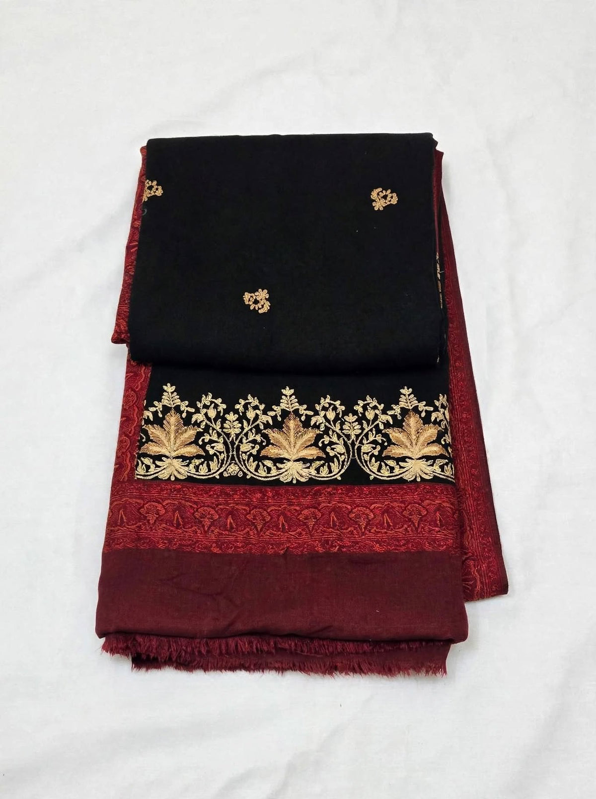 Noor-e-Chinar - Black & Maroon Gold Embroidered Pashmina Shawl Authentic Kashmiri Booti Shawl