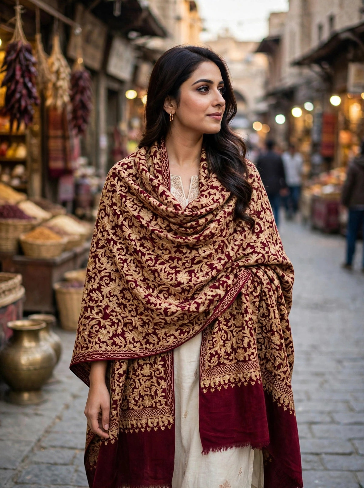 Maroon Pashmina Shawl Gold Aari Embroidery