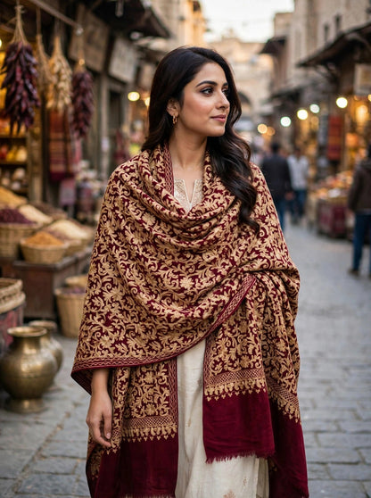 Maroon Pashmina Shawl Gold Aari Embroidery