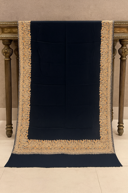 Luxury Hand-Embroidered Pashmina Shawl  Black with Golden Border