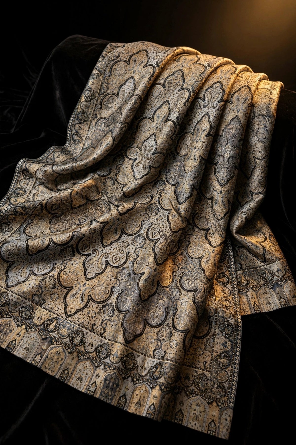 Luxury Black Gold Kani Silk Pashmina Shawl with Zari | Handmade Kashmiri Jama Shawl