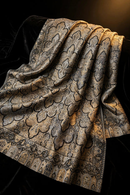 Luxury Black Gold Kani Silk Pashmina Shawl with Zari | Handmade Kashmiri Jama Shawl