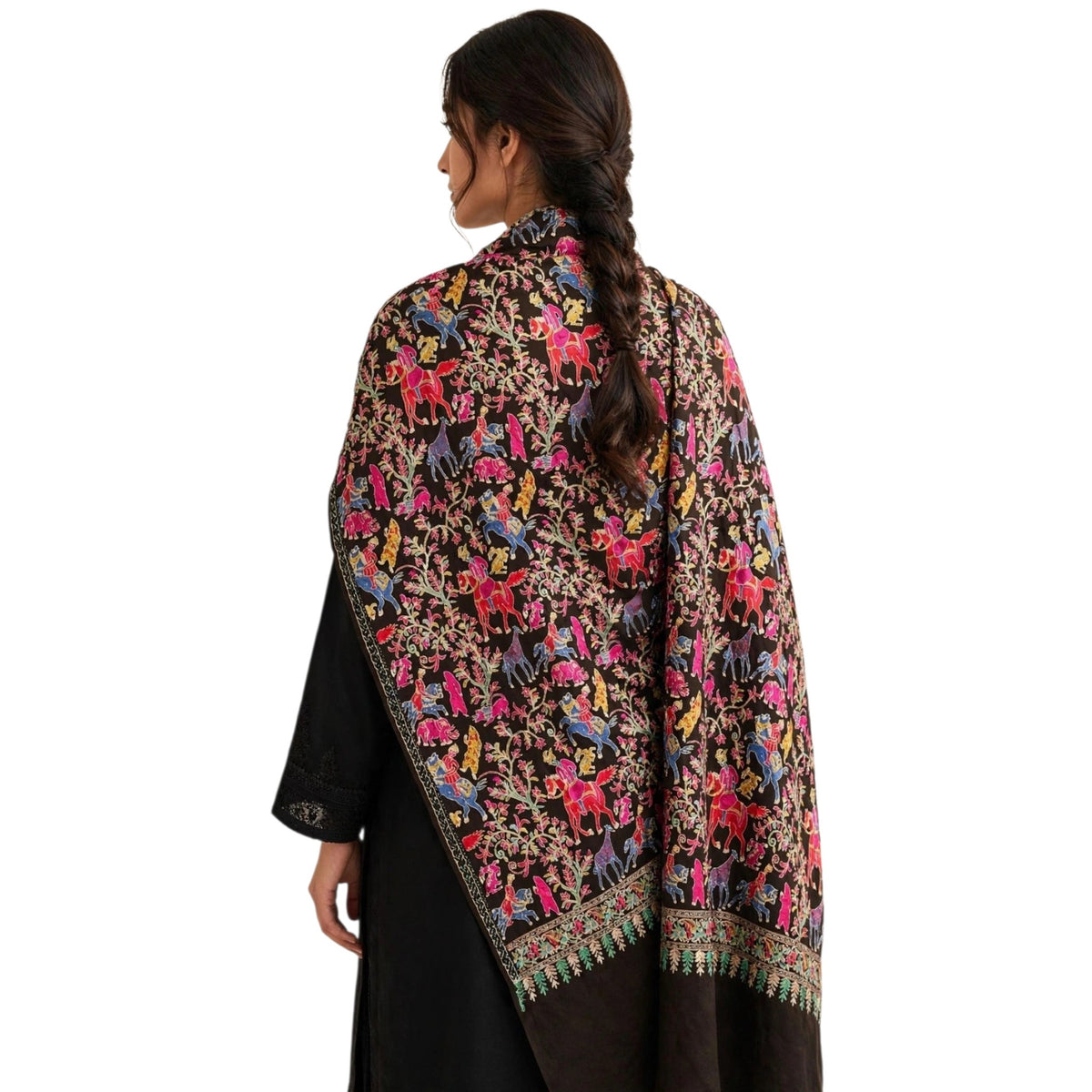 Brown Pashmina Shikargah Shawl with Multicolor Nalki Embroidery - Royal Hunt
