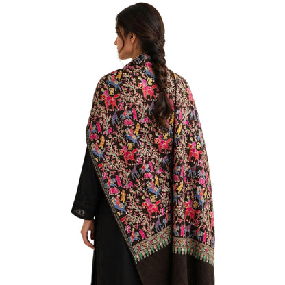 Brown Pashmina Shikargah Shawl with Multicolor Nalki Embroidery - Royal Hunt