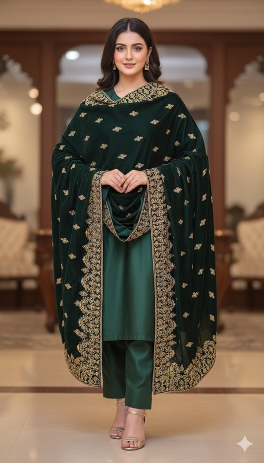 Emerald Green Velvet Embroidered Shawl