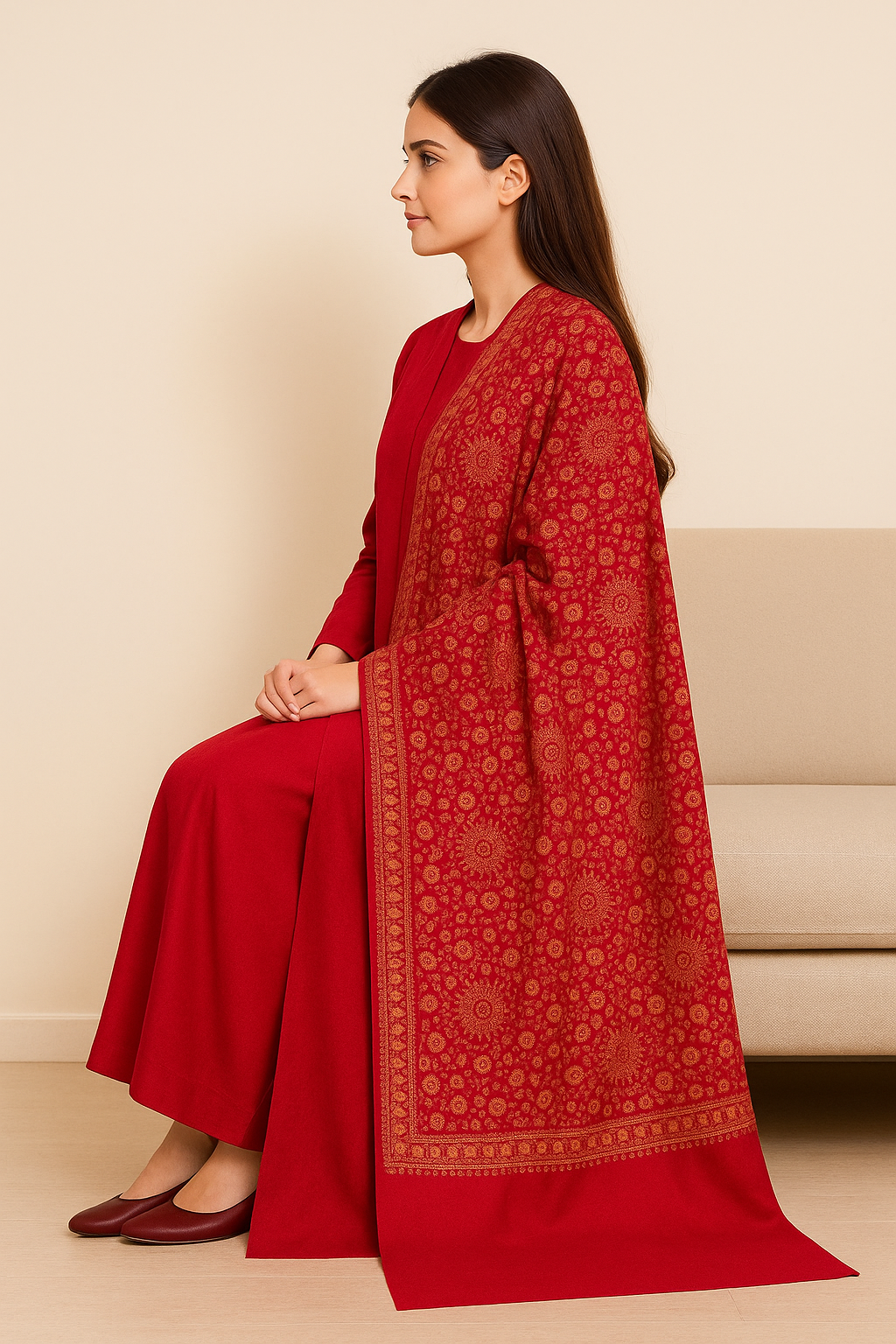 Luxury Needle Embroidery Pashmina Shawl (Red & Gold)